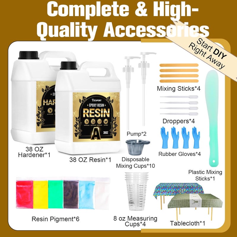 Teexpert Epoxy Resin Kit: 76OZ Casting Resin Crystal Clear Yellow Resistant Self Leveling for Art Craft DIY Jewelry Making with Pigment and Tools for Beginner Starter - Image 5